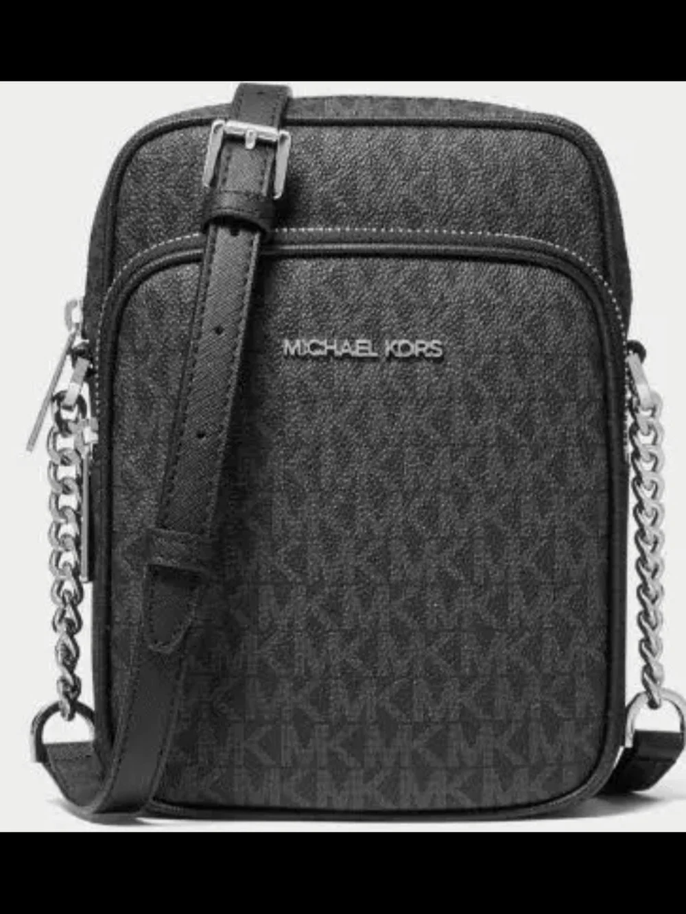 Michael Kors Black Leather Messenger Crossbody with Silver Chain Detail